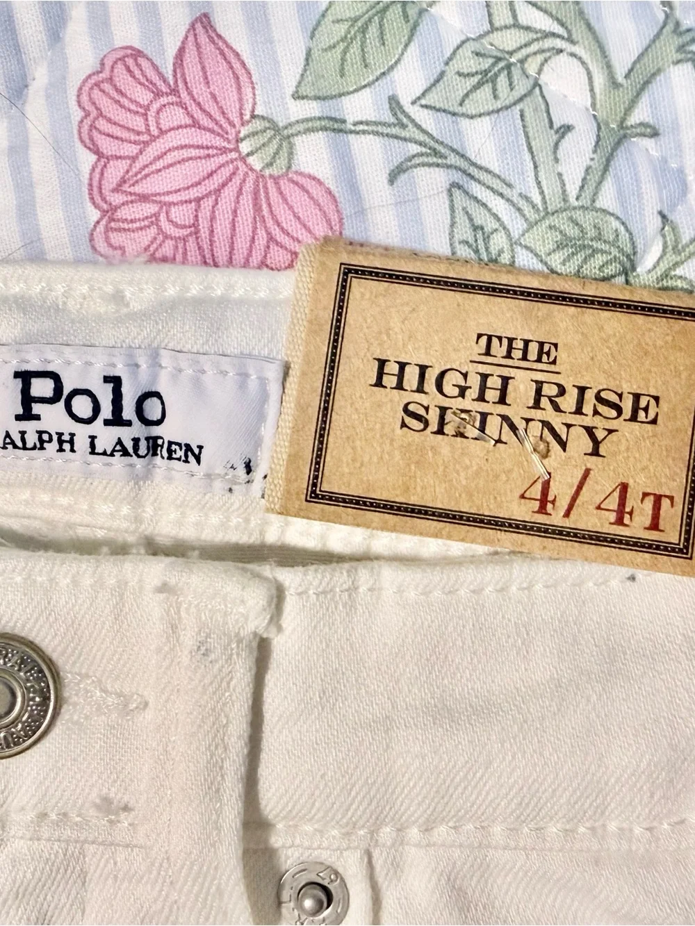 Ralph Lauren White High Rise Skinny Jeans with Blue Paint Detail